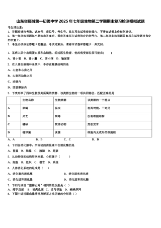 山东省郓城第一初级中学2025年七年级生物第二学期期末复习检测模拟试题含解析