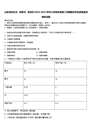 山东省安丘市、高密市、寿光市2024-2025学年七年级生物第二学期期末学业质量监测模拟试题含解析