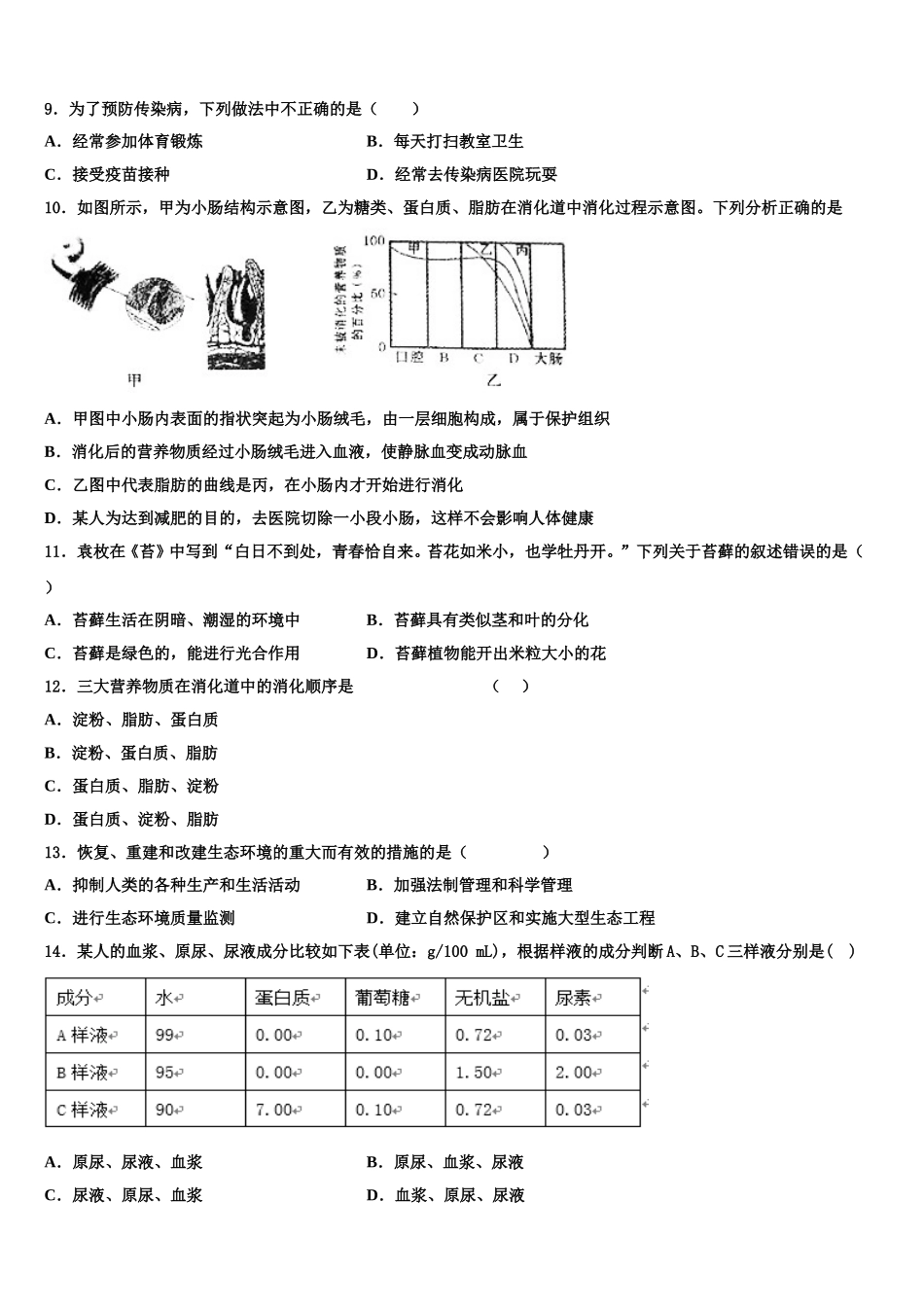 菏泽单县北城三中联考2025年七年级生物第二学期期末教学质量检测试题含解析_第2页
