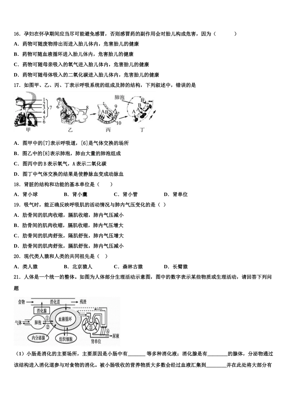 2025届山东省威海市乳山市七下生物期末综合测试试题含解析_第3页