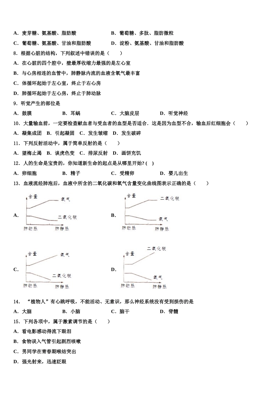 山东省邹平县实验中学2025年七下生物期末检测模拟试题含解析_第2页