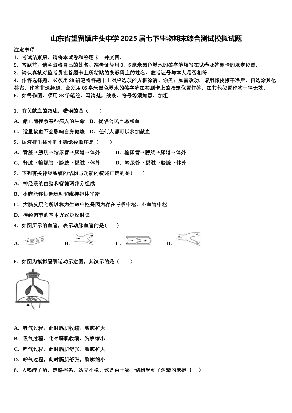山东省望留镇庄头中学2025届七下生物期末综合测试模拟试题含解析_第1页