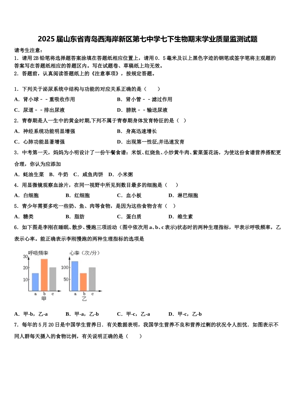 2025届山东省青岛西海岸新区第七中学七下生物期末学业质量监测试题含解析_第1页