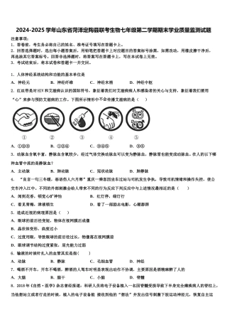 2024-2025学年山东省菏泽定陶县联考生物七年级第二学期期末学业质量监测试题含解析
