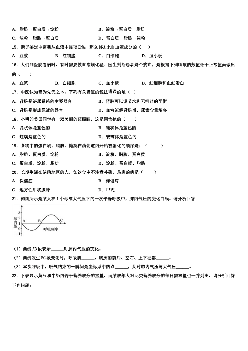 2024-2025学年山东省菏泽市牡丹区第二十二初级中学七下生物期末教学质量检测模拟试题含解析_第3页