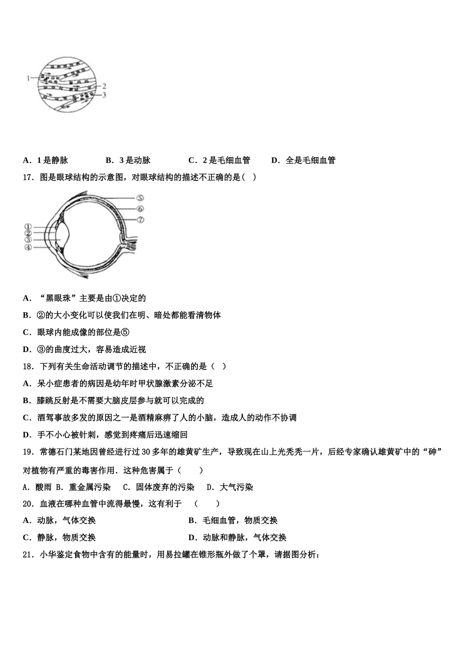 2025届山东省东营市胜利中学生物七年级第二学期期末学业水平测试模拟试题含解析_第3页