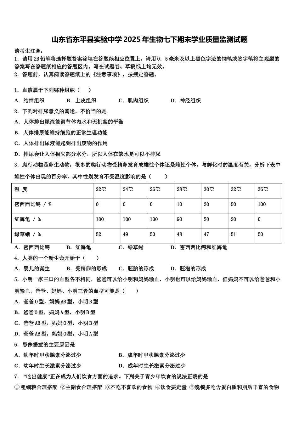 山东省东平县实验中学2025年生物七下期末学业质量监测试题含解析_第1页