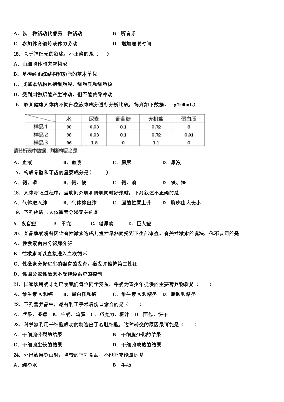 山东省德州七中学2024-2025学年生物七下期末联考试题含解析_第3页