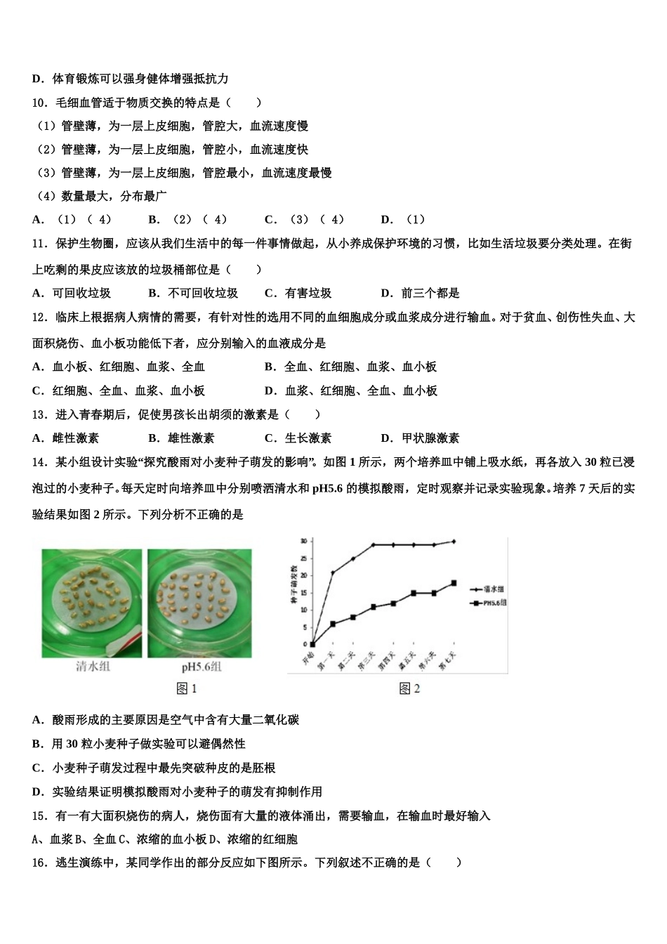 山东省乐陵市开元中学2024-2025学年生物七年级第二学期期末复习检测模拟试题含解析_第2页