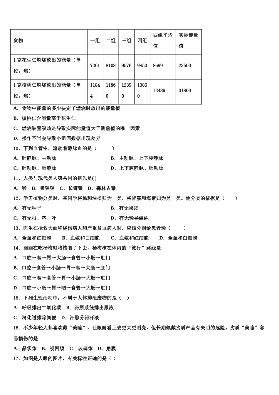 2025届山东省寿光市实验中学七下生物期末质量检测试题含解析_第2页