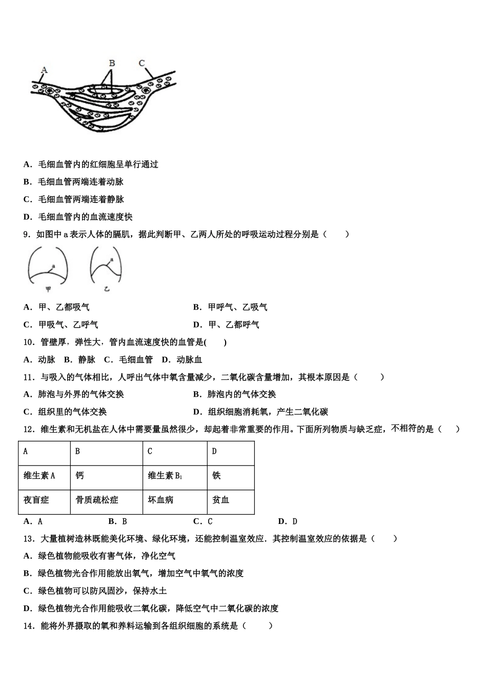 山东省济宁市坟上县2024-2025学年七下生物期末学业质量监测模拟试题含解析_第2页