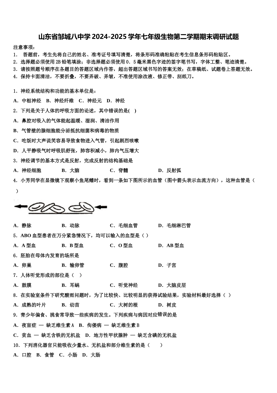 山东省邹城八中学2024-2025学年七年级生物第二学期期末调研试题含解析_第1页