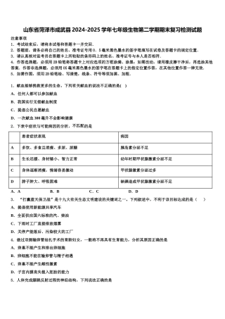 山东省菏泽市成武县2024-2025学年七年级生物第二学期期末复习检测试题含解析