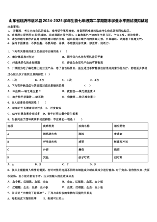 山东省临沂市临沭县2024-2025学年生物七年级第二学期期末学业水平测试模拟试题含解析