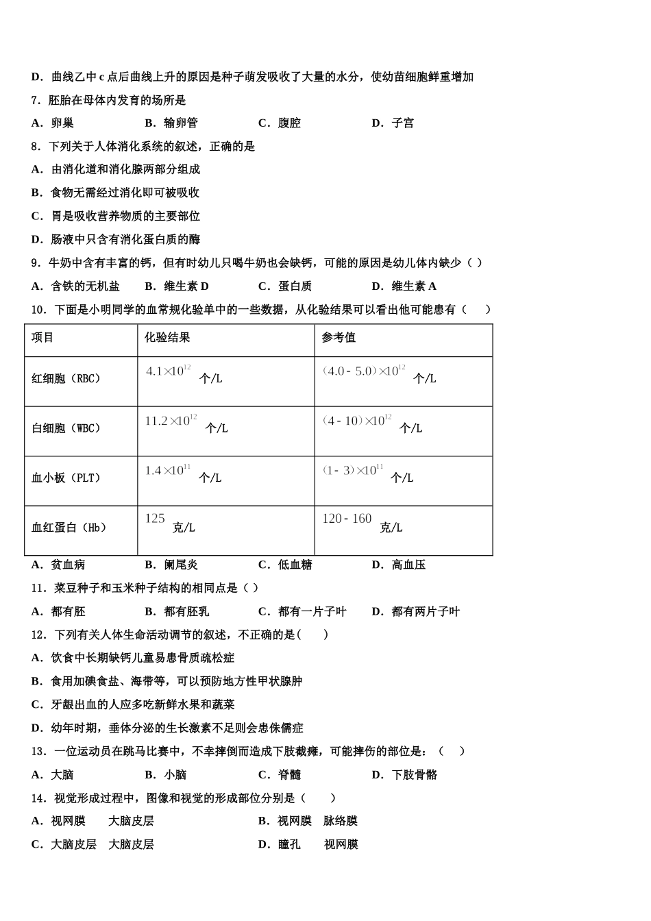 山东省泰安市高新区良庄二中学2024-2025学年生物七下期末学业质量监测模拟试题含解析_第2页