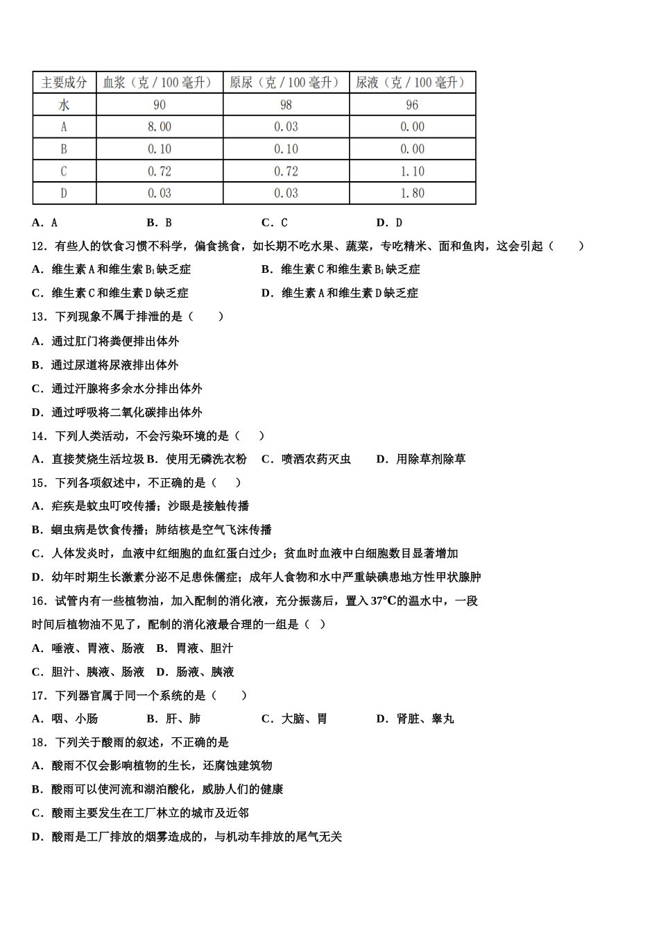 2025年山东省巨野县麒麟镇第一中学生物七下期末学业质量监测模拟试题含解析_第3页