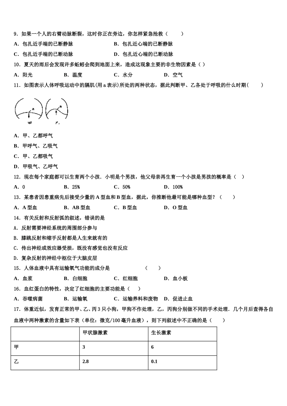 山东省青岛市青岛大附属中学2024-2025学年七下生物期末检测试题含解析_第2页