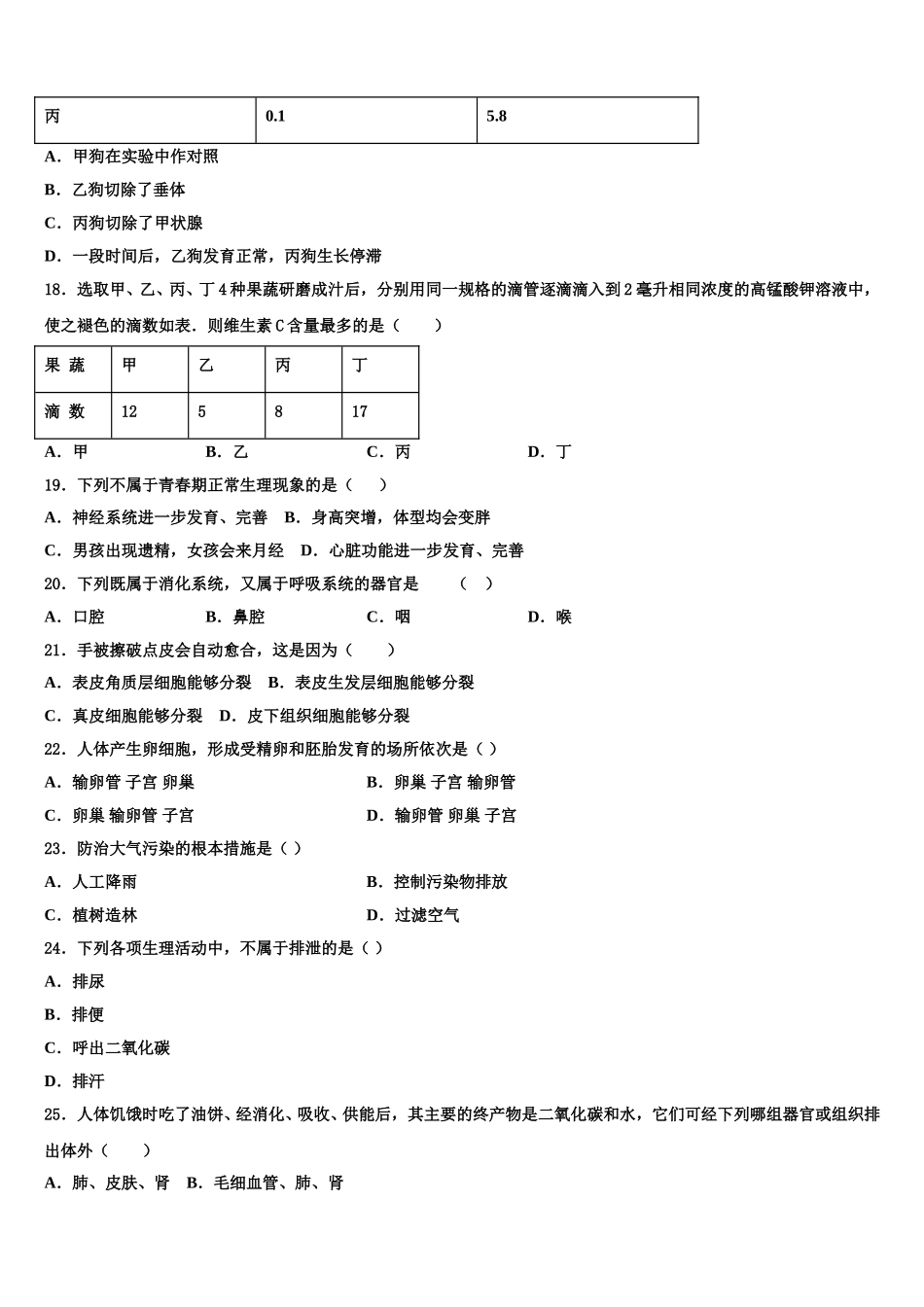 山东省青岛市青岛大附属中学2024-2025学年七下生物期末检测试题含解析_第3页