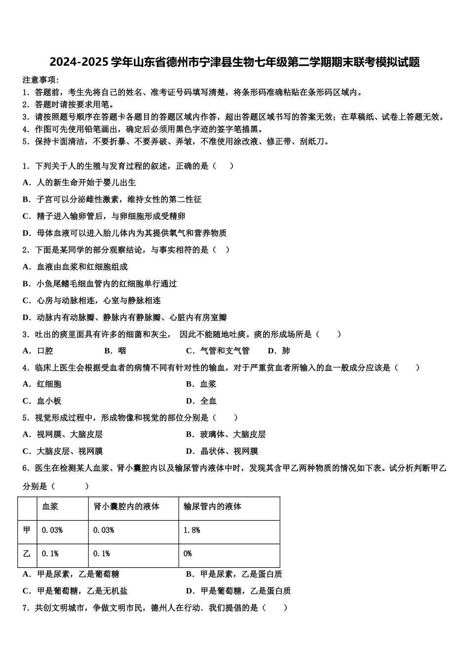2024-2025学年山东省德州市宁津县生物七年级第二学期期末联考模拟试题含解析_第1页