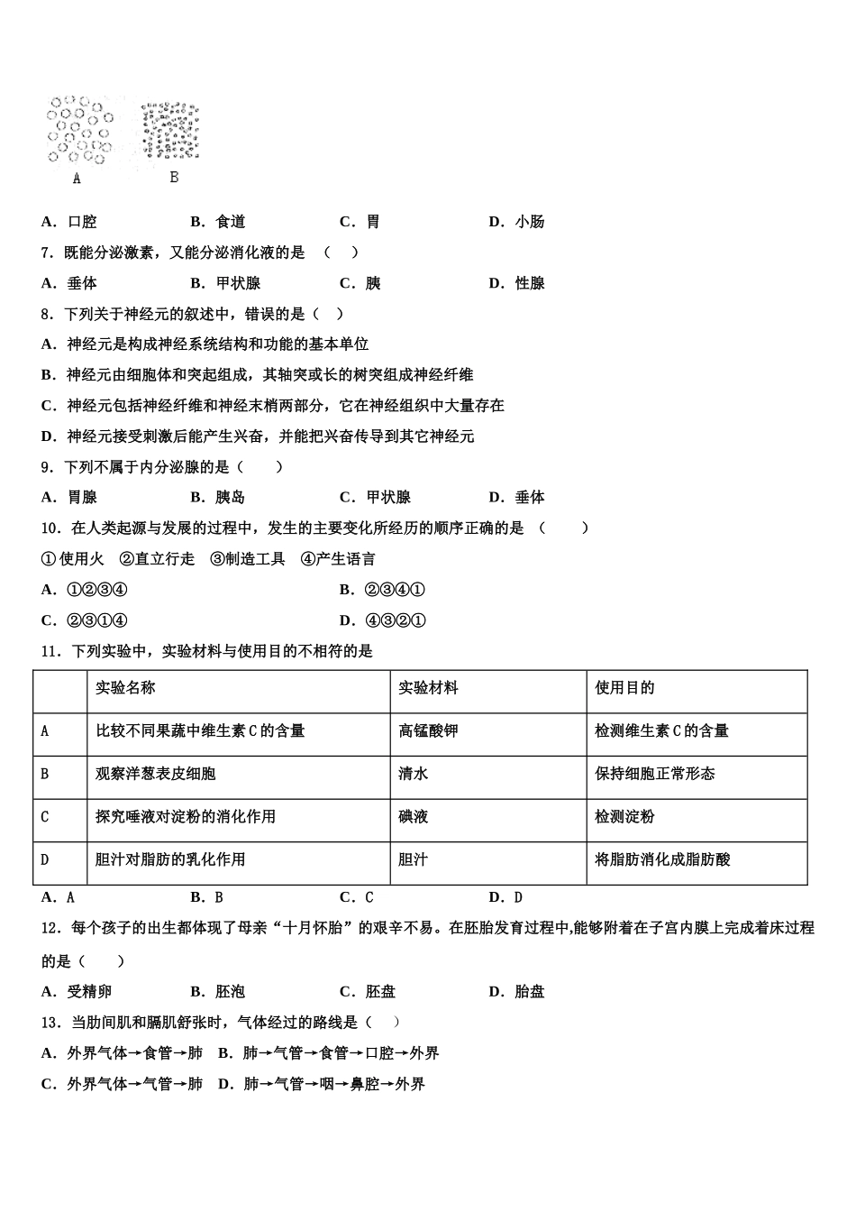 山东省日照于里中学2025届生物七年级第二学期期末质量检测试题含解析_第2页