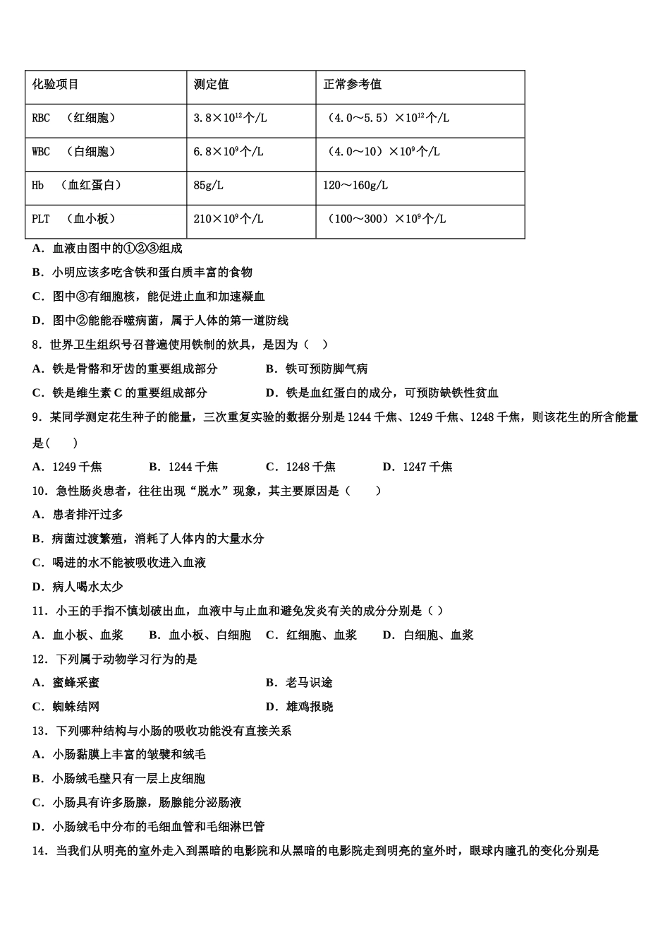 2024-2025学年山东省日照实验中学生物七下期末调研模拟试题含解析_第2页