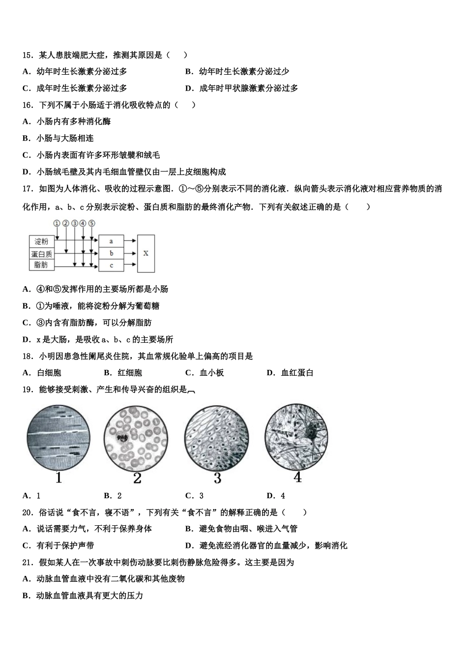 2024-2025学年山东省青岛育才中学七下生物期末教学质量检测模拟试题含解析_第3页