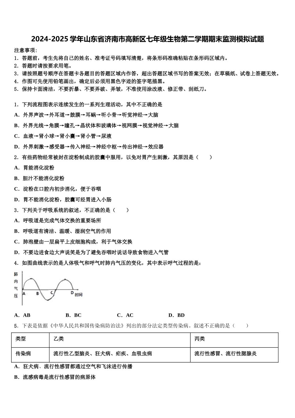 2024-2025学年山东省济南市高新区七年级生物第二学期期末监测模拟试题含解析_第1页