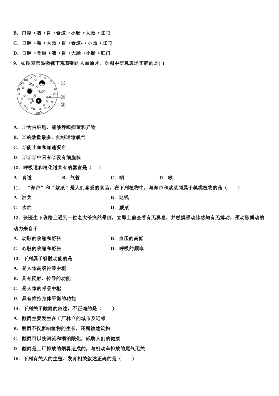 湖南省长沙市田家炳实验中学2025年七年级生物第二学期期末质量跟踪监视试题含解析_第2页