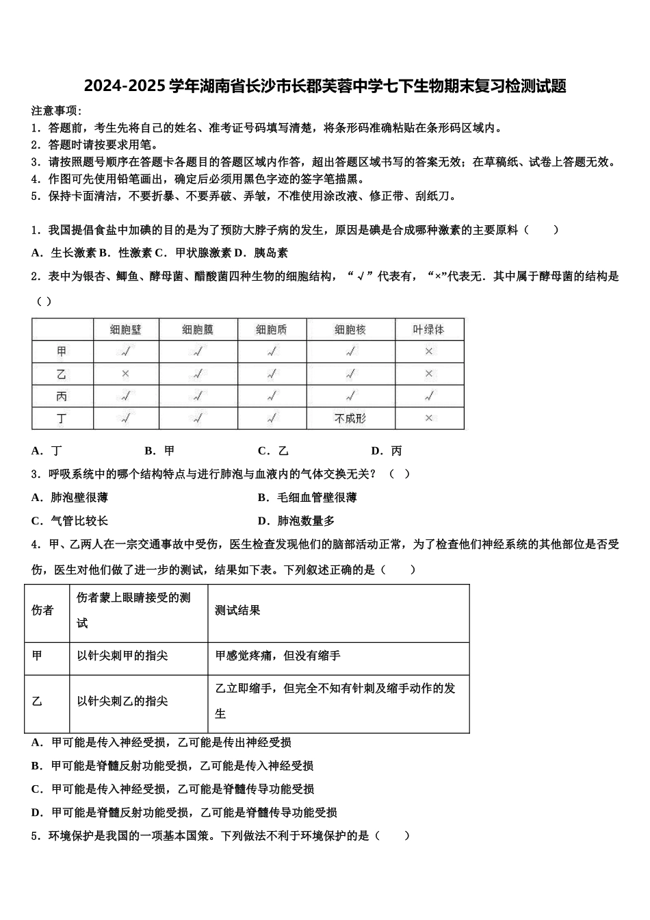 2024-2025学年湖南省长沙市长郡芙蓉中学七下生物期末复习检测试题含解析_第1页