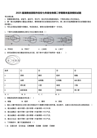 2025届湖南省邵阳市名校七年级生物第二学期期末监测模拟试题含解析