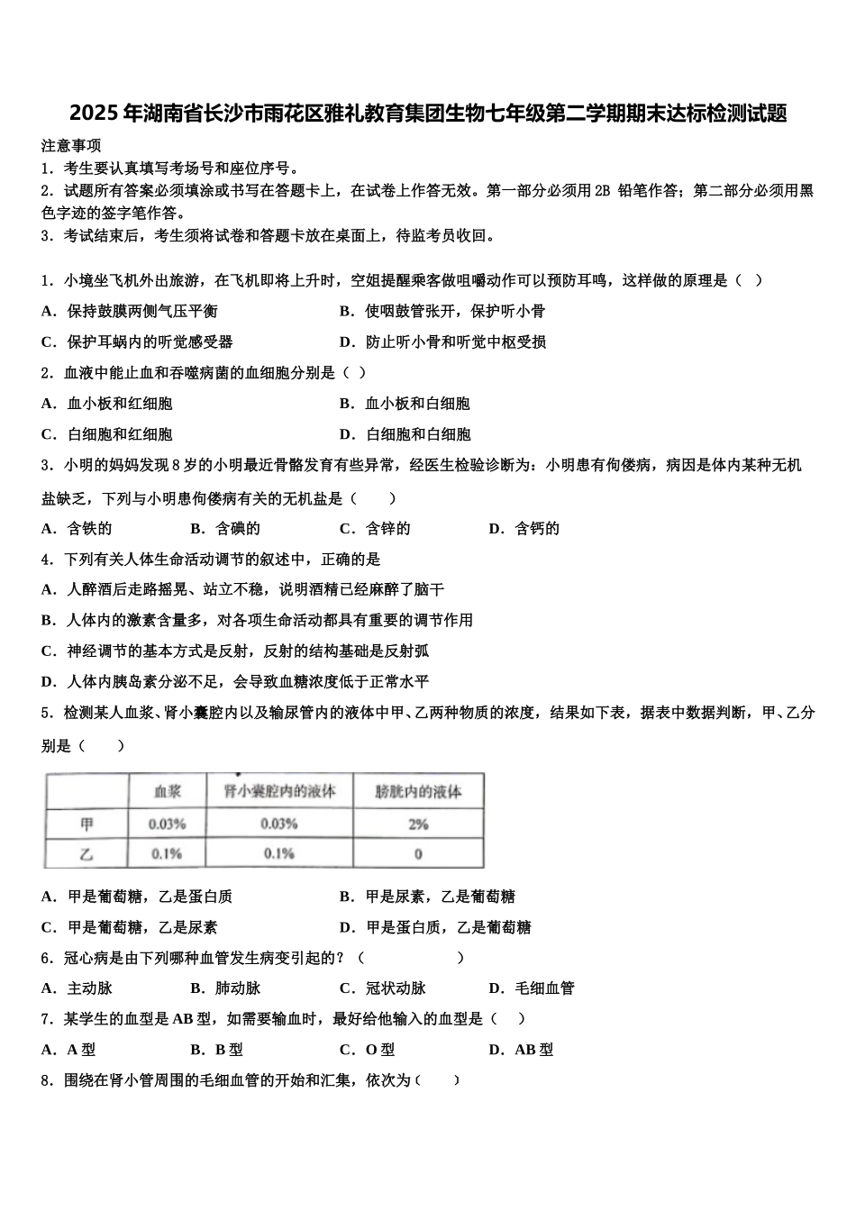 2025年湖南省长沙市雨花区雅礼教育集团生物七年级第二学期期末达标检测试题含解析_第1页