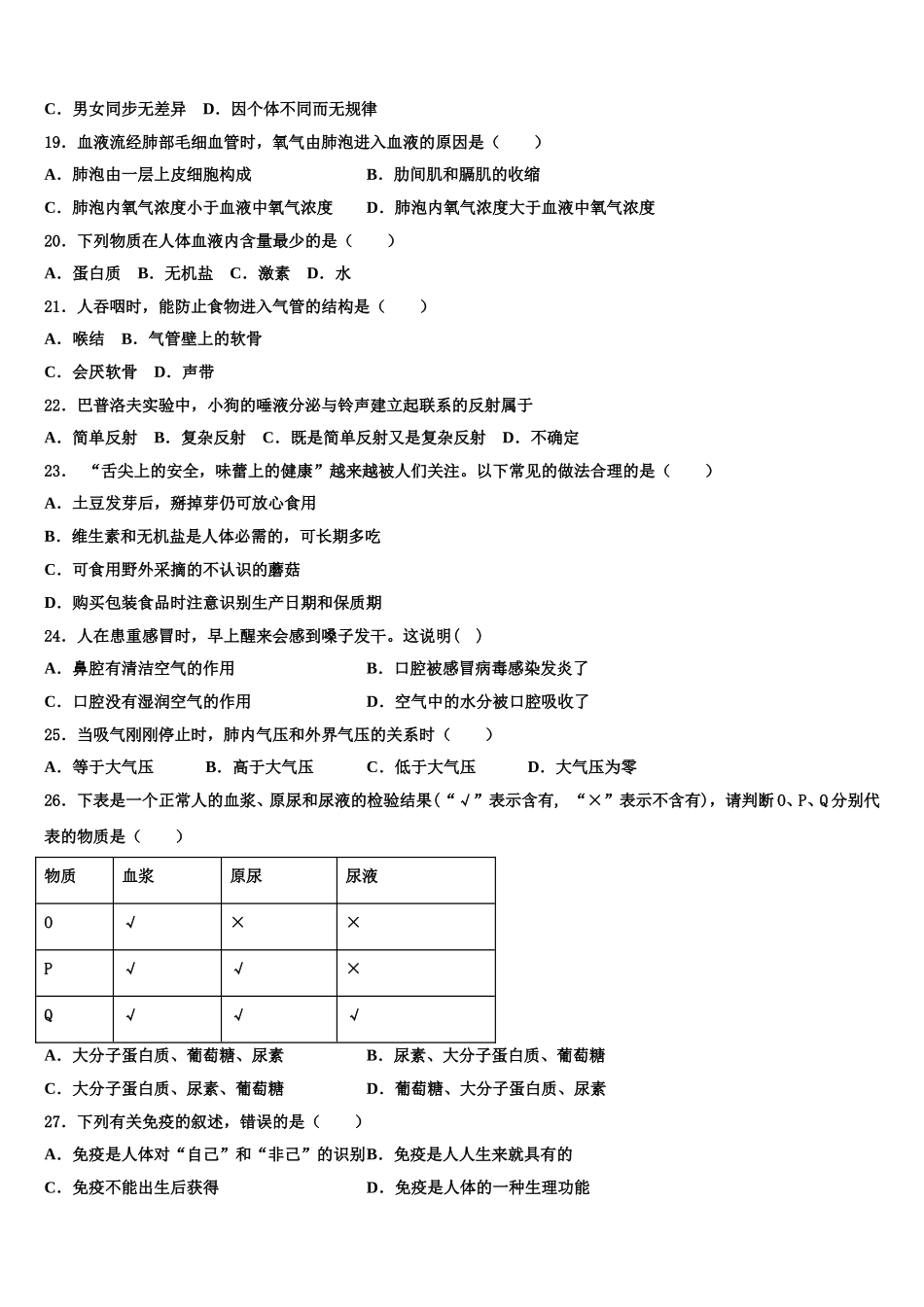 湖南省邵阳市第十一中学2024-2025学年七下生物期末质量检测试题含解析_第3页