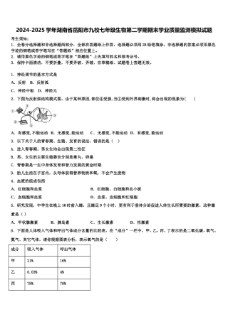 2024-2025学年湖南省岳阳市九校七年级生物第二学期期末学业质量监测模拟试题含解析