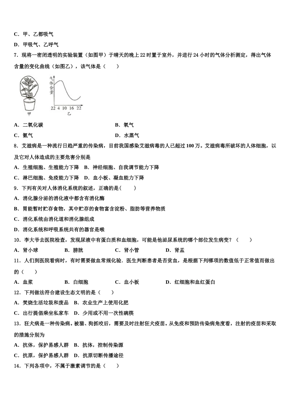 湖南长沙市青竹湖湘一外国语学校2025年七下生物期末达标检测模拟试题含解析_第2页