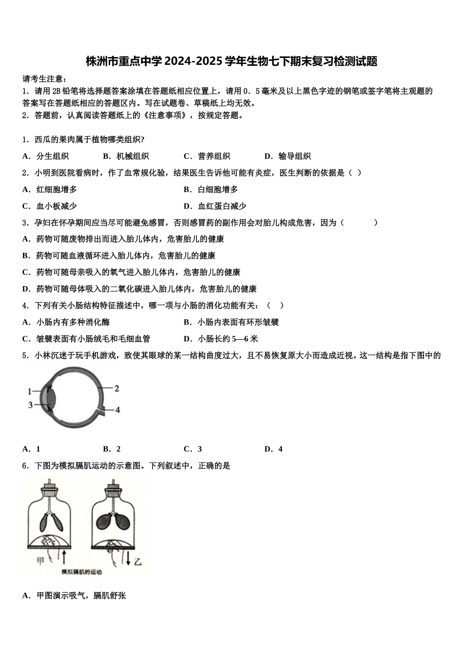 株洲市重点中学2024-2025学年生物七下期末复习检测试题含解析_第1页