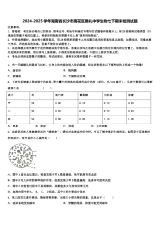 2024-2025学年湖南省长沙市雨花区雅礼中学生物七下期末检测试题含解析