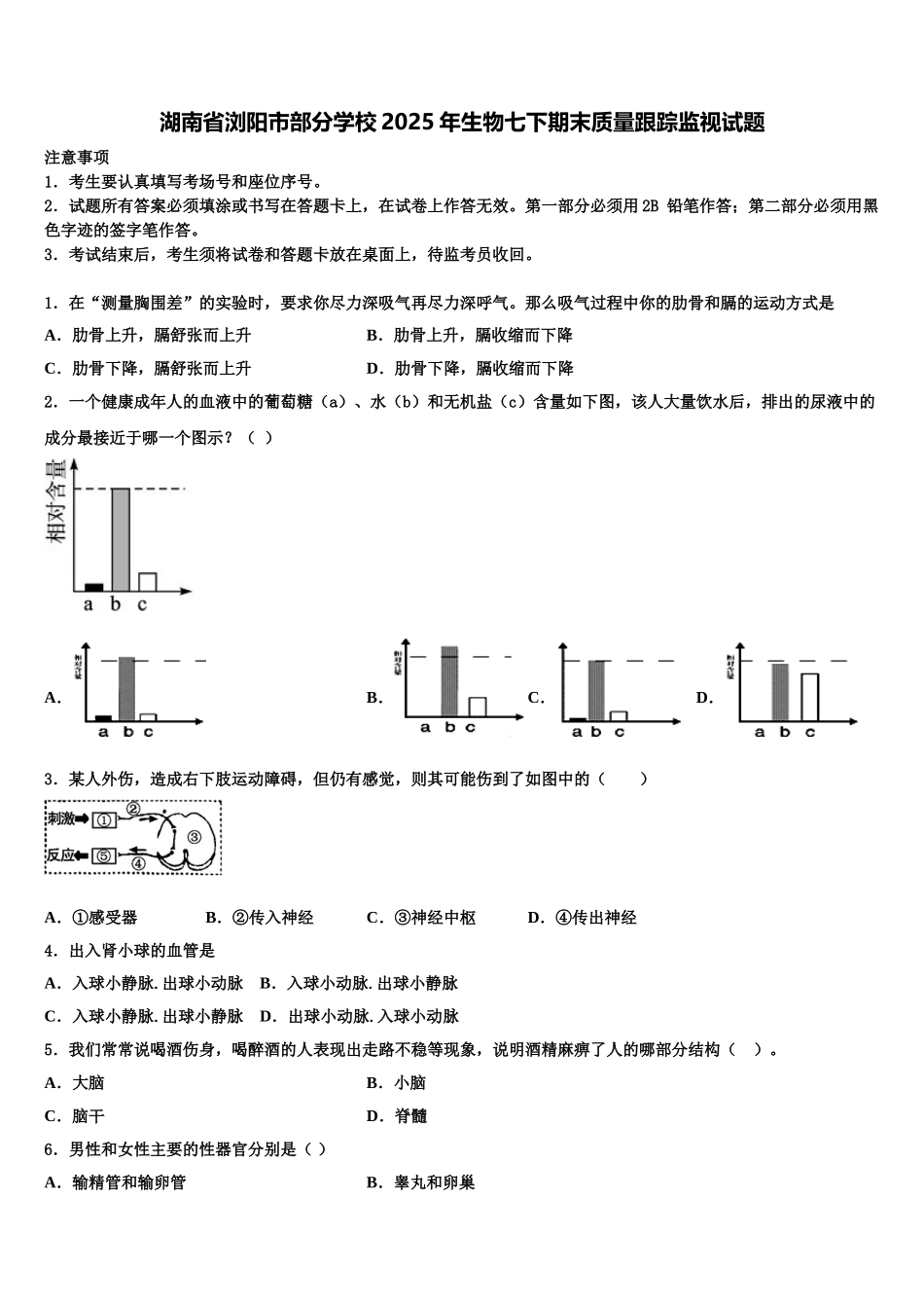 湖南省浏阳市部分学校2025年生物七下期末质量跟踪监视试题含解析_第1页