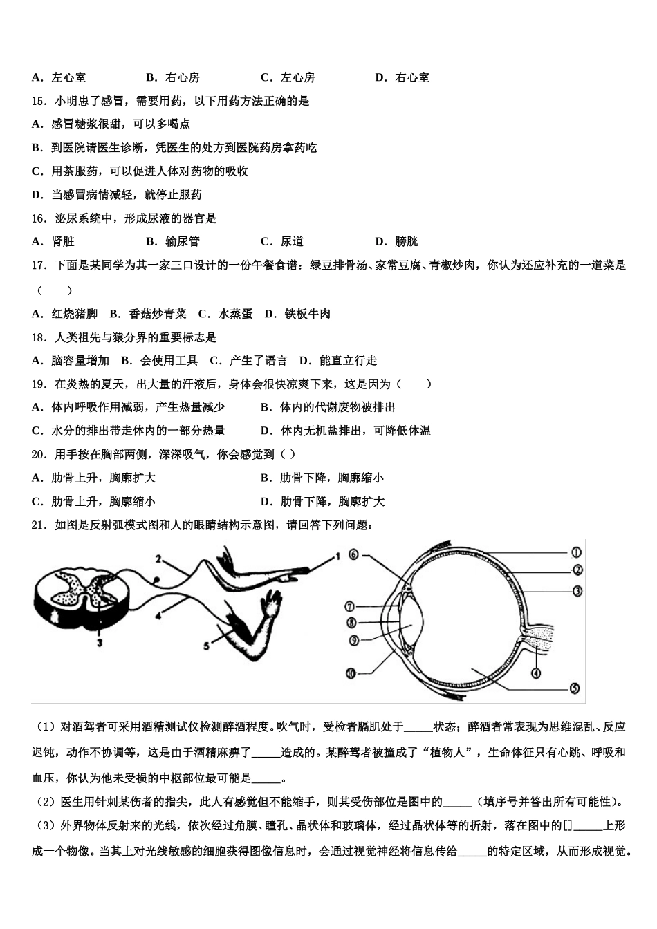 湖南省张家界市慈利县2025届生物七下期末学业质量监测模拟试题含解析_第3页