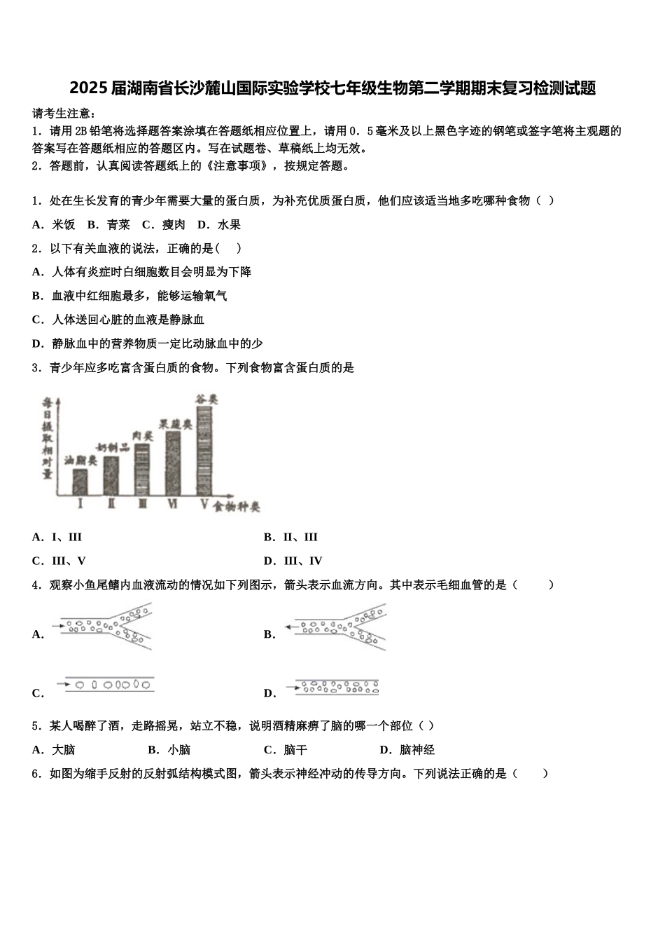 2025届湖南省长沙麓山国际实验学校七年级生物第二学期期末复习检测试题含解析_第1页