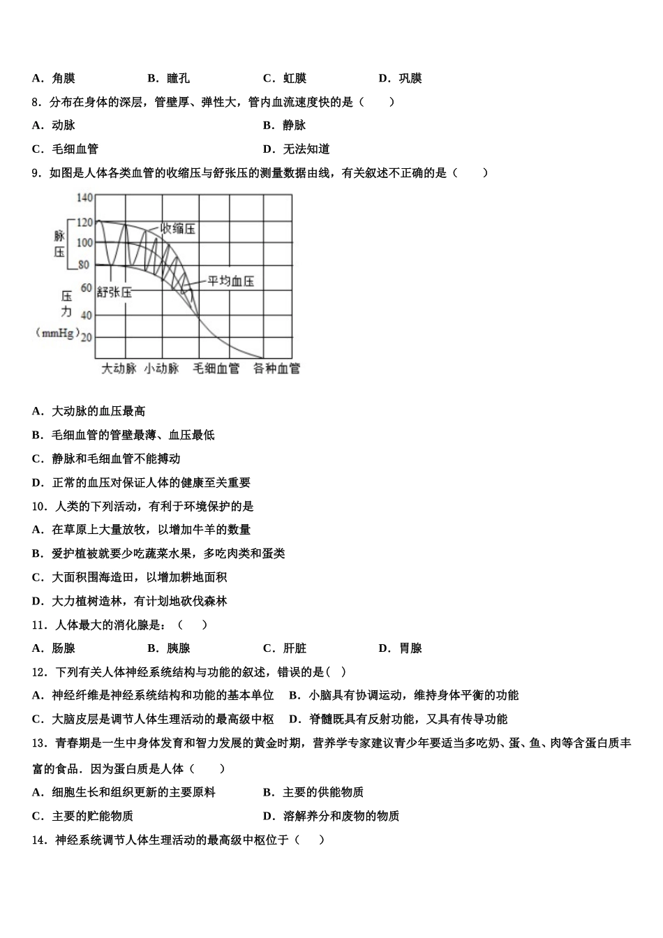 2024-2025学年湖南长沙市湘一芙蓉二中学生物七下期末监测模拟试题含解析_第2页