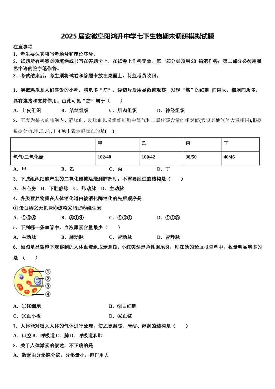 2025届安徽阜阳鸿升中学七下生物期末调研模拟试题含解析_第1页