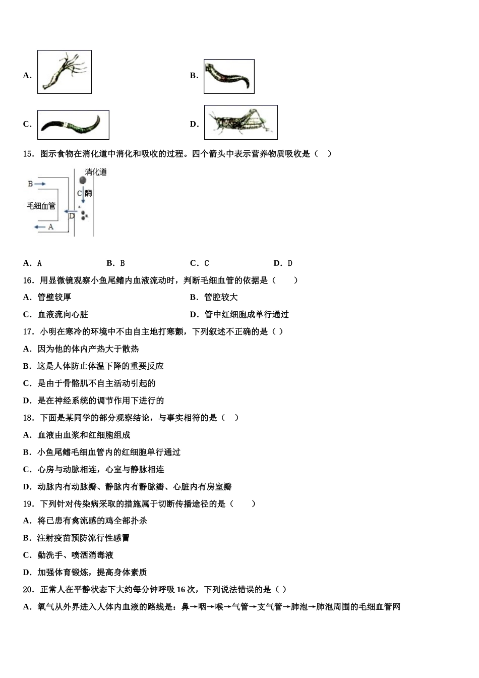 2025年安徽省淮北市西园中学七年级生物第二学期期末质量检测模拟试题含解析_第3页