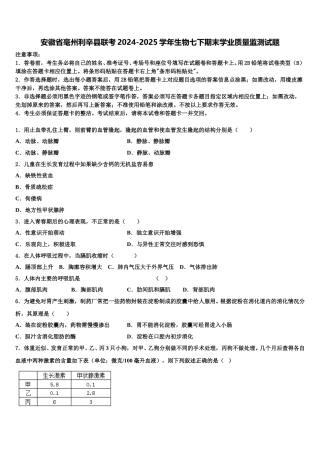 安徽省毫州利辛县联考2024-2025学年生物七下期末学业质量监测试题含解析