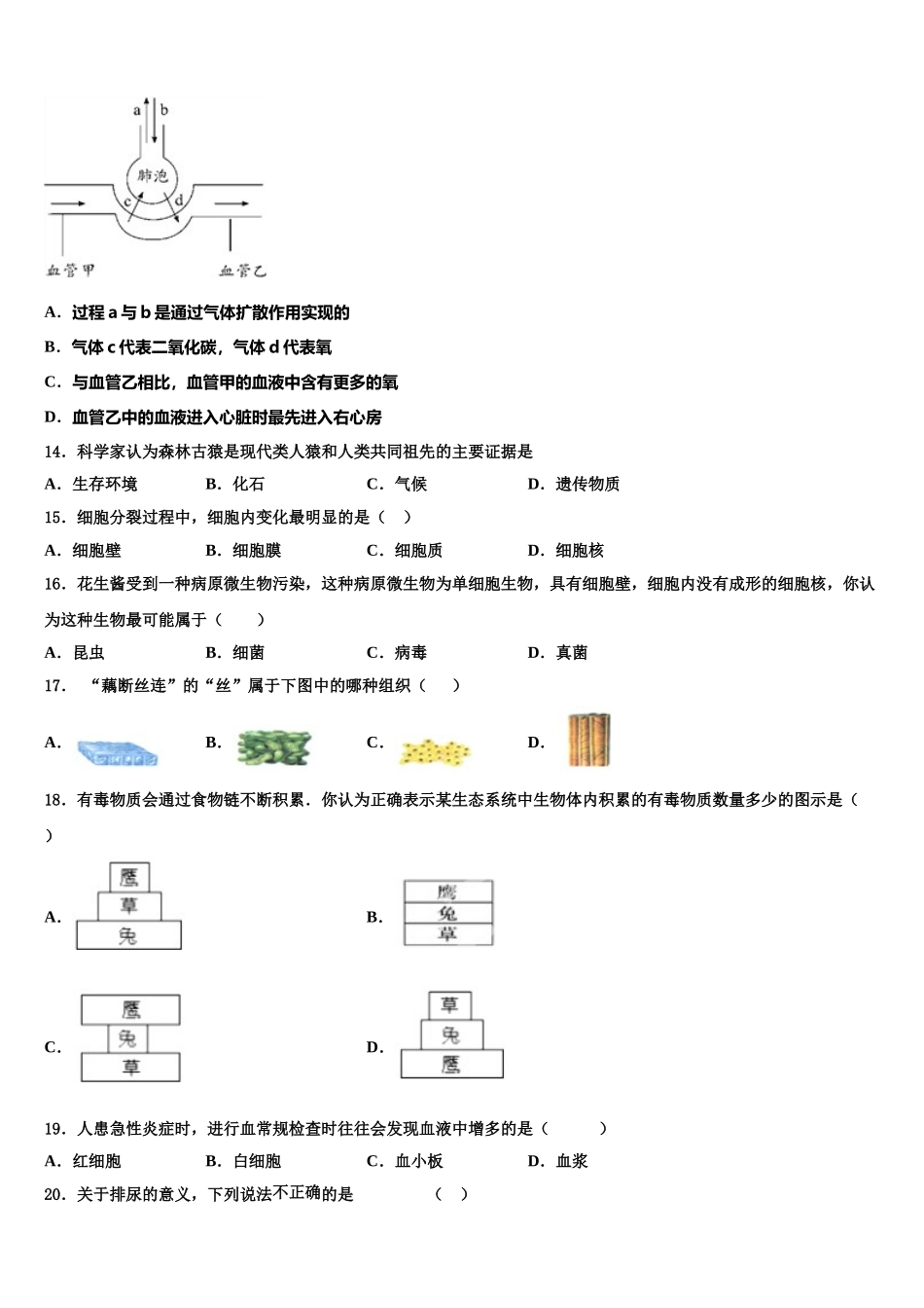 安徽省安庆市九一六校2025届七年级生物第二学期期末监测模拟试题含解析_第3页