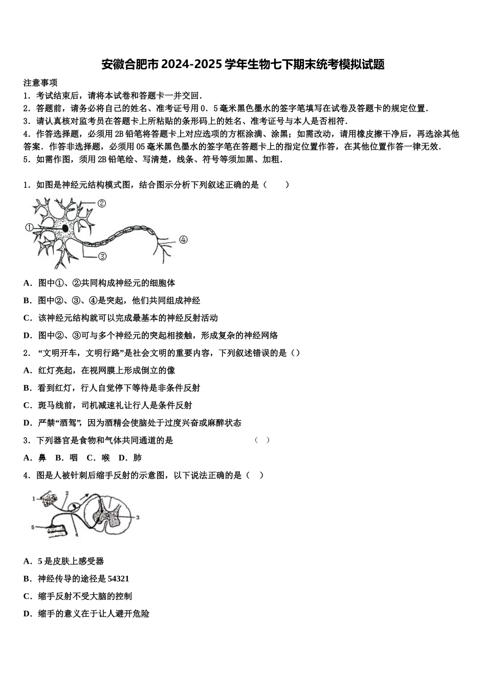 安徽合肥市2024-2025学年生物七下期末统考模拟试题含解析_第1页