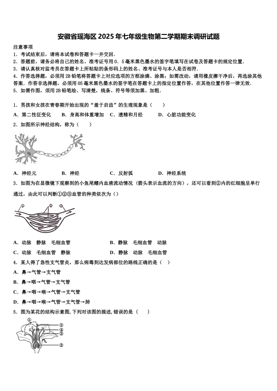 安徽省瑶海区2025年七年级生物第二学期期末调研试题含解析_第1页