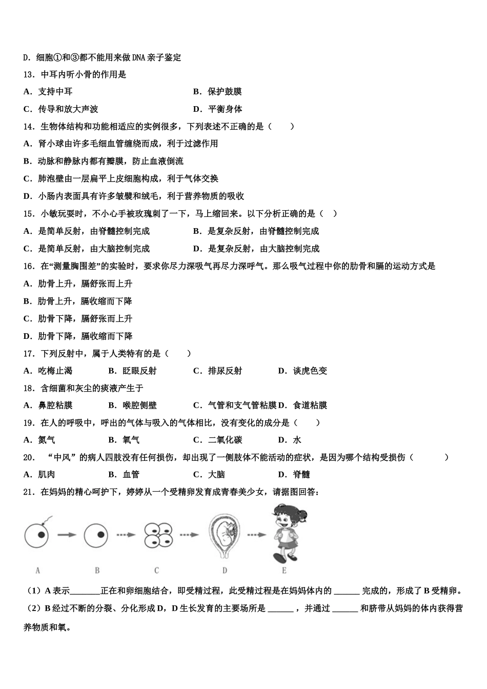 2024-2025学年安徽省六安市实验中学七下生物期末统考试题含解析_第3页