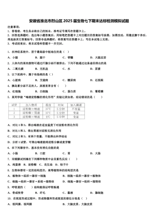 安徽省淮北市烈山区2025届生物七下期末达标检测模拟试题含解析