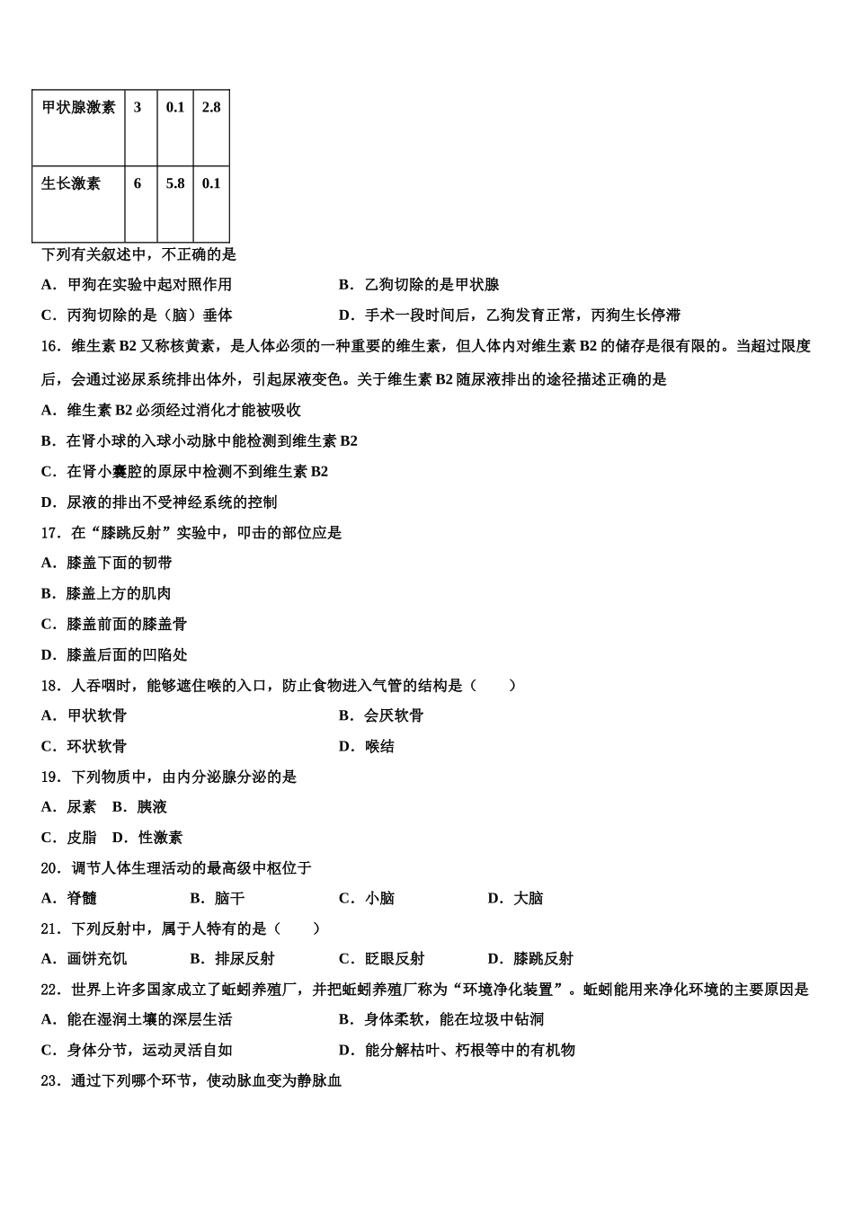 安徽省枞阳县联考2024-2025学年生物七下期末教学质量检测模拟试题含解析_第3页