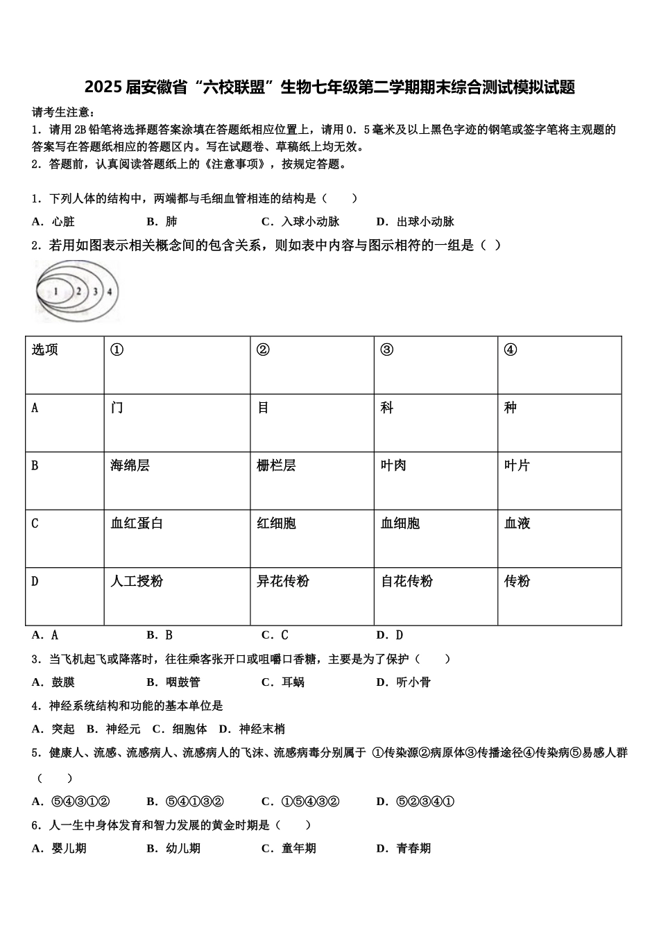 2025届安徽省“六校联盟”生物七年级第二学期期末综合测试模拟试题含解析_第1页